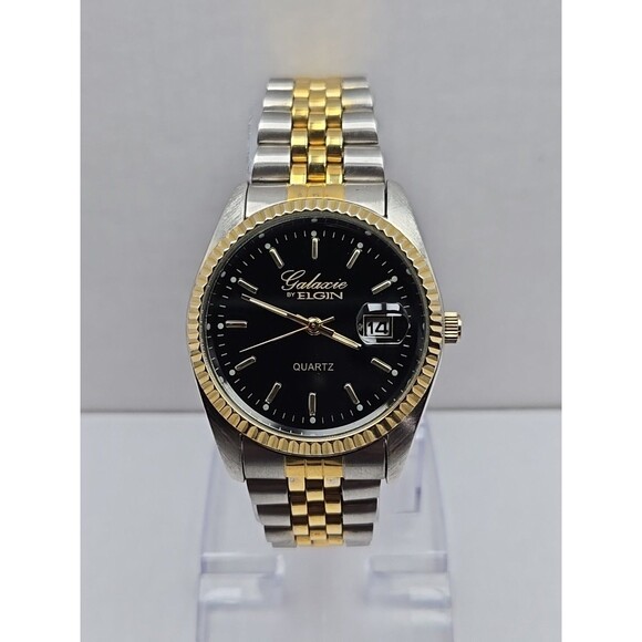 Galaxie By Elgin Two Tone Fluted Bezel Quartz Date Watch New Battery 37mm Mens - Picture 1 of 10